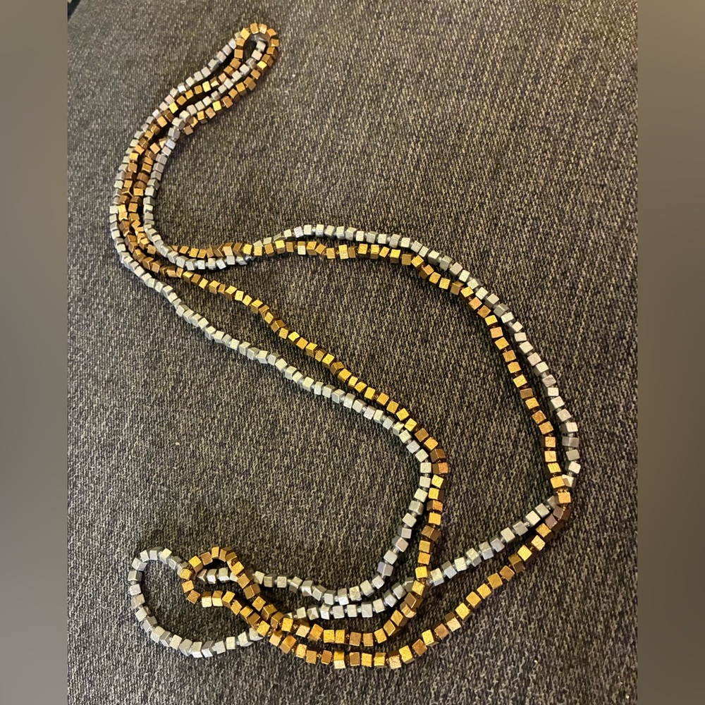 Gold & Silver Multi-Strand Cube Wood Bead Necklace